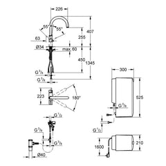 Maattekening Grohe Red Duo keukenmengkraan en combi boiler