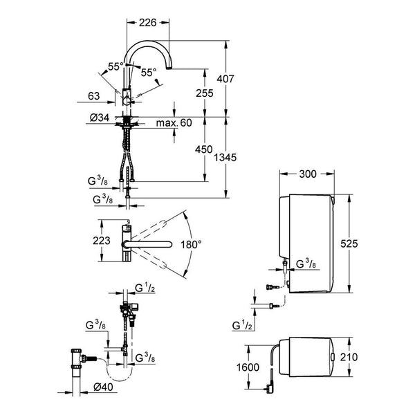Maattekening Grohe Red Duo keukenmengkraan en combi boiler