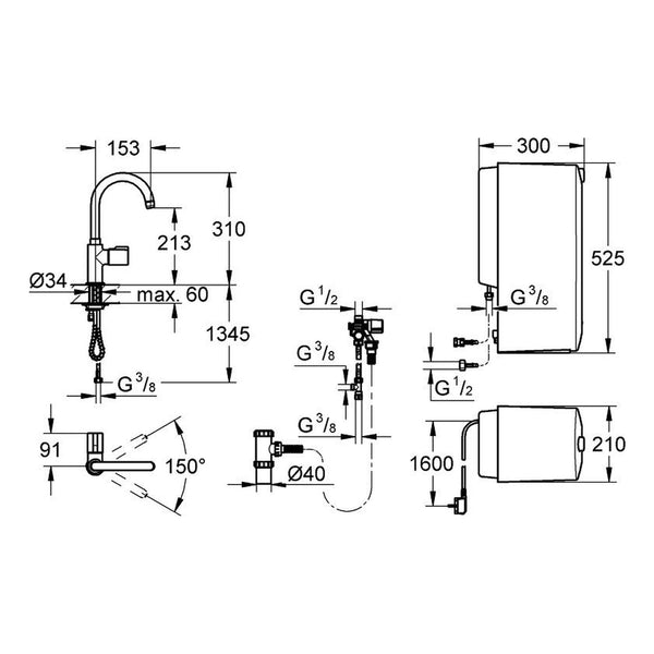 Maattekening Grohe Red Mono keukenkraan en combi boiler