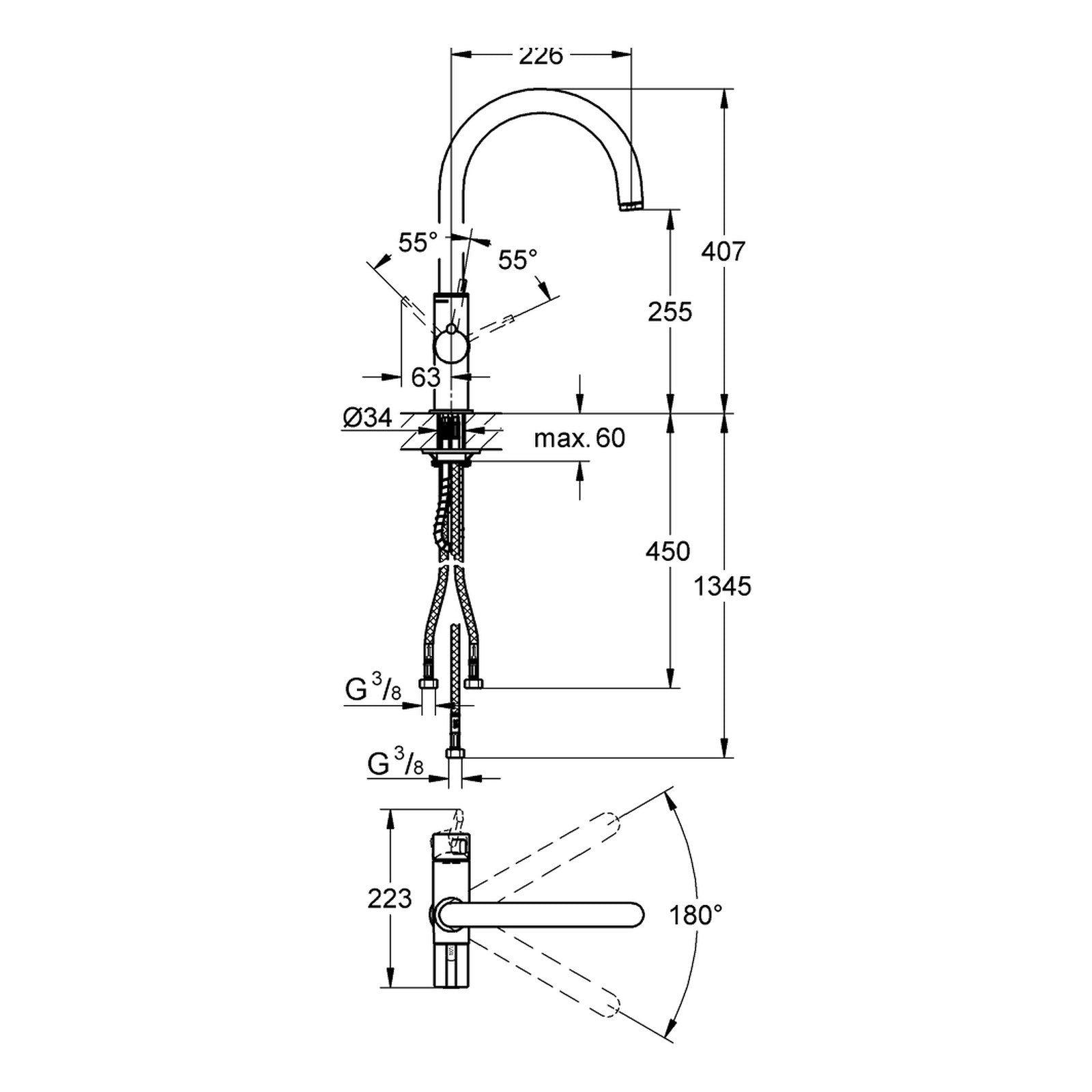 Maattekening Grohe Red Duo keukenmengkraan