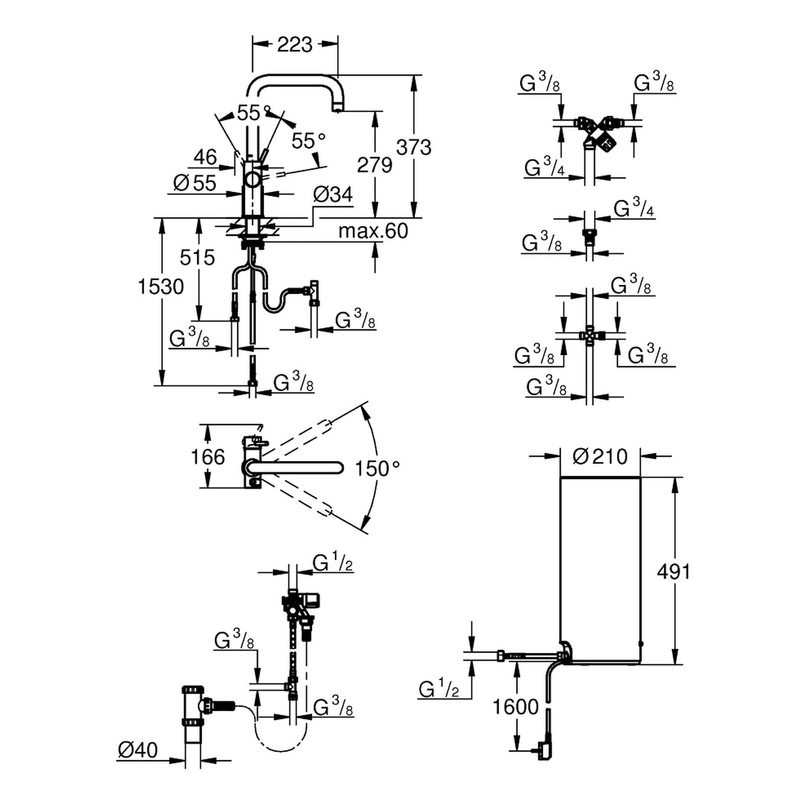 Maattekening Grohe Red Duo kraan met L-Size boiler