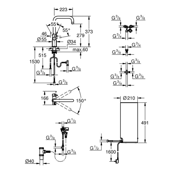 Maattekening Grohe Red Duo kraan met L-Size boiler
