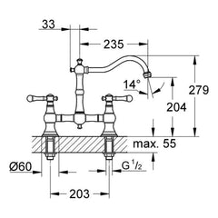 Maattekening Grohe Bridgeford tweegreeps keukenmengkraan