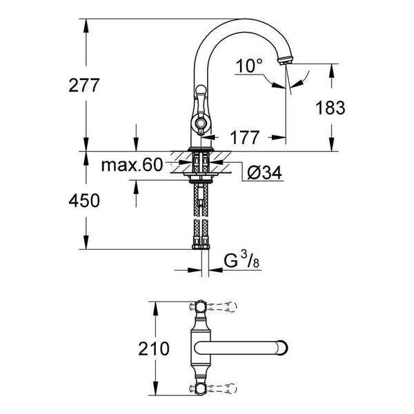 Maattekening Grohe Bridgeford tweegreeps keukenmengkraan