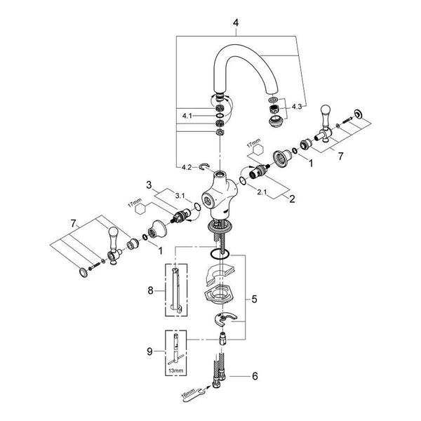 Onderdelentekening Grohe Bridgeford tweegreeps keukenmengkraan