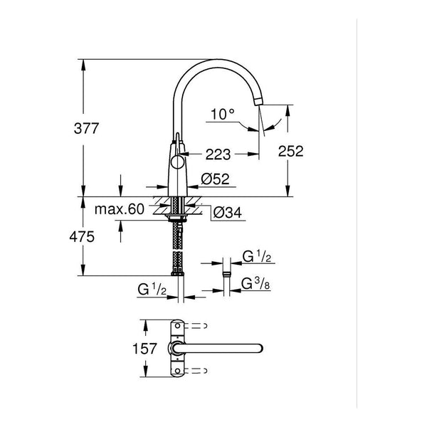 Maattekening Grohe Ambi tweegreeps keukenmengkraan