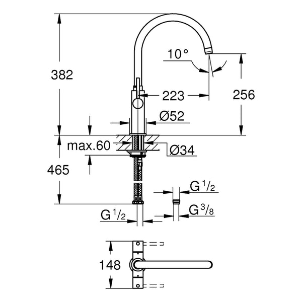 Maattekening Grohe Ambi Cosmopolitan tweegreeps keukenmengkraan