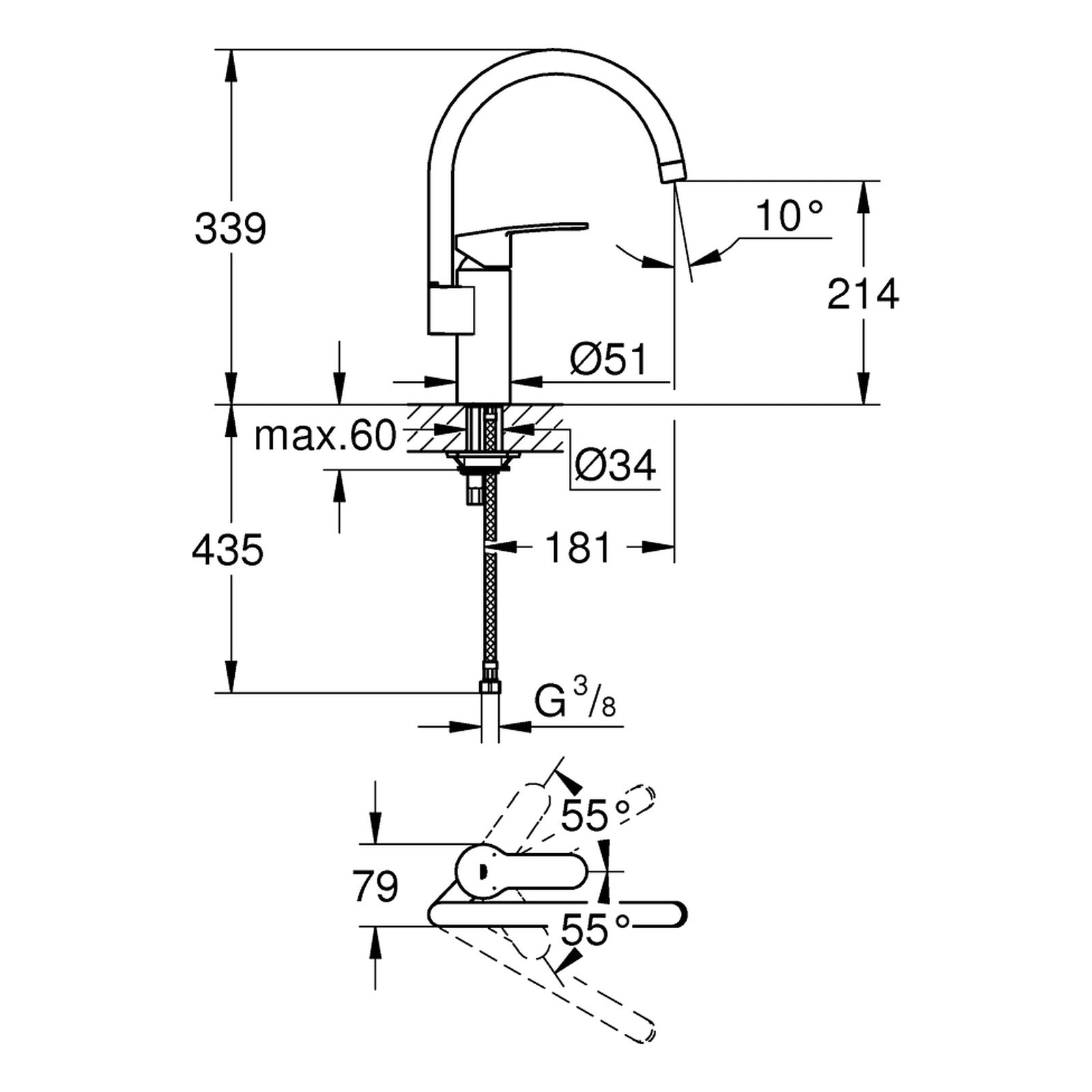 Maattekening Grohe Eurostyle Cosmopolitan keukenmengkraan