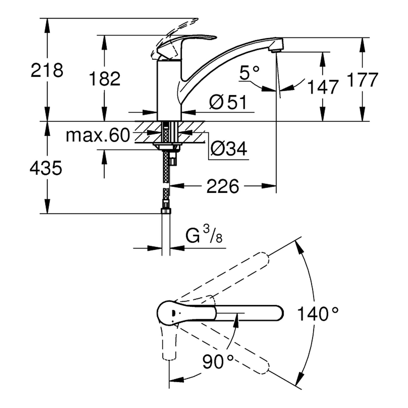 Maattekening Grohe Eurosmart keukenmengkraan