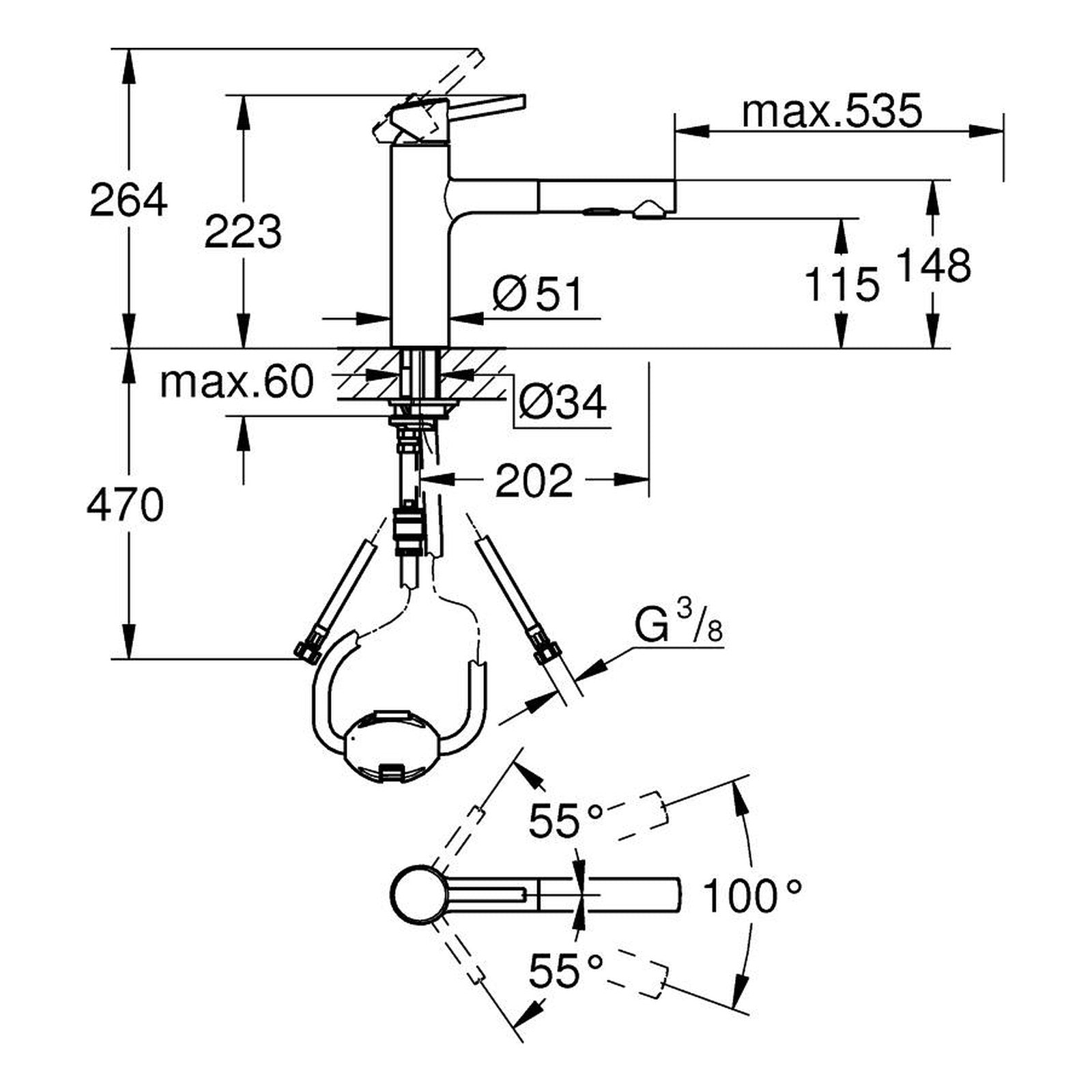 Maattekening Grohe Concetto keukenmengkraan