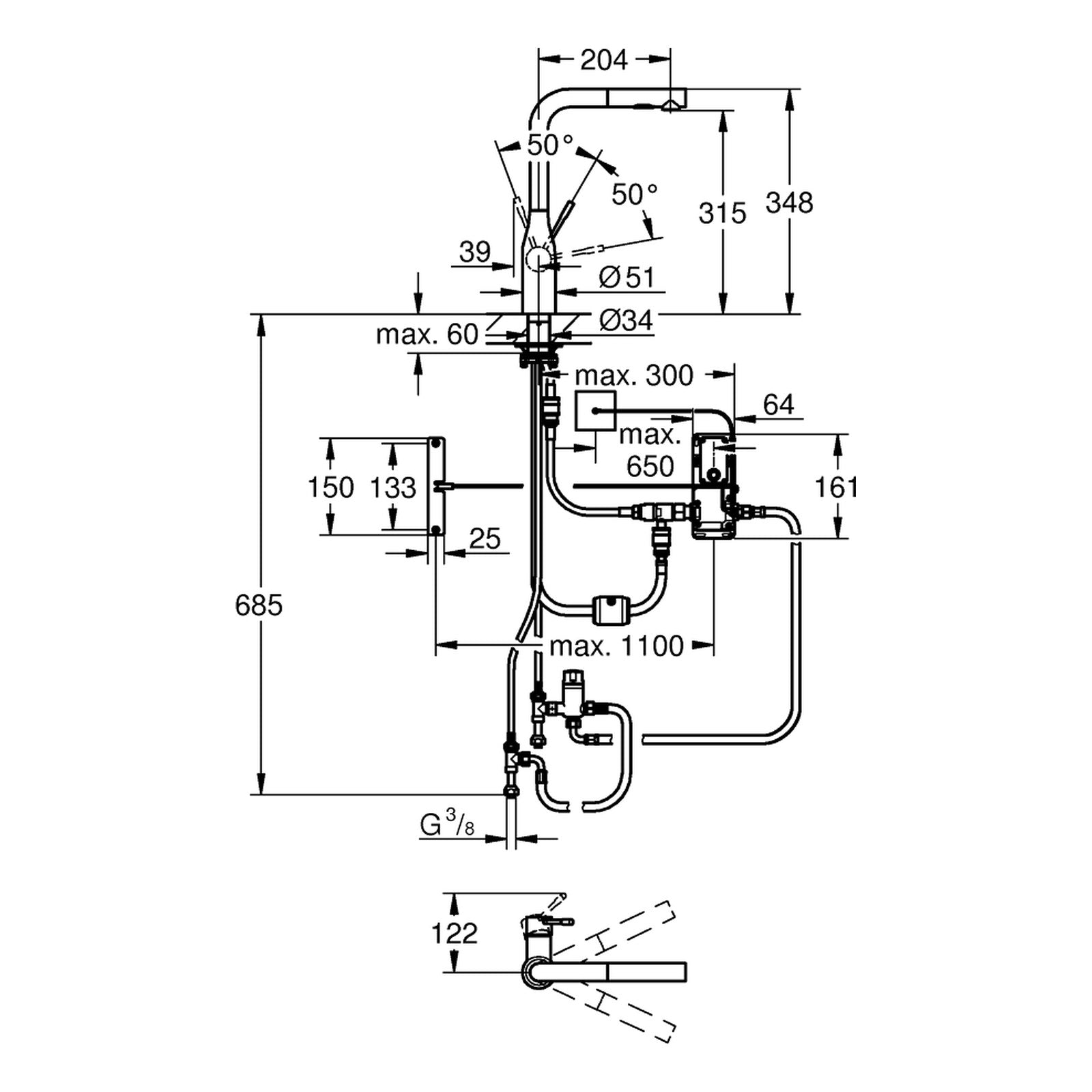 Maattekening Grohe Essence Foot Control elektronische eenhendel keukenmengkraan