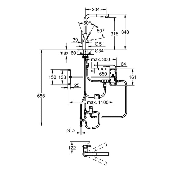 Maattekening Grohe Essence Foot Control elektronische eenhendel keukenmengkraan