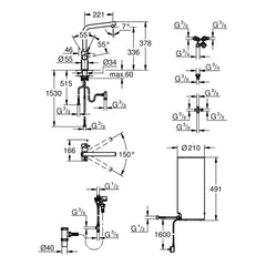 Maattekening Grohe Red Duo kraan met L-Size boiler