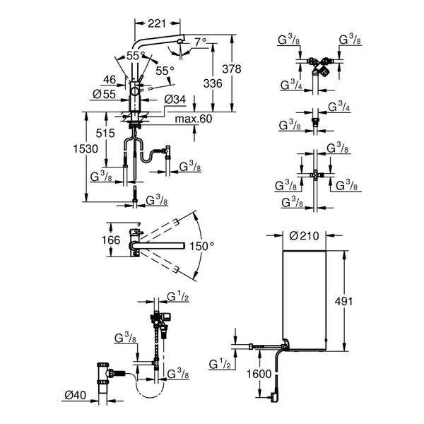 Maattekening Grohe Red Duo kraan met L-Size boiler