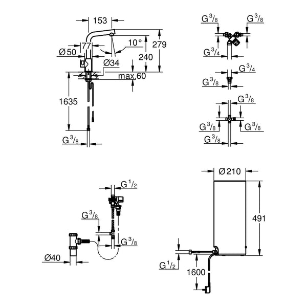 Maattekening Grohe Red Mono kraan met L-Size boiler