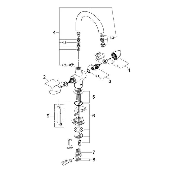 Onderdelentekening Grohe Aria keukenmengkraan