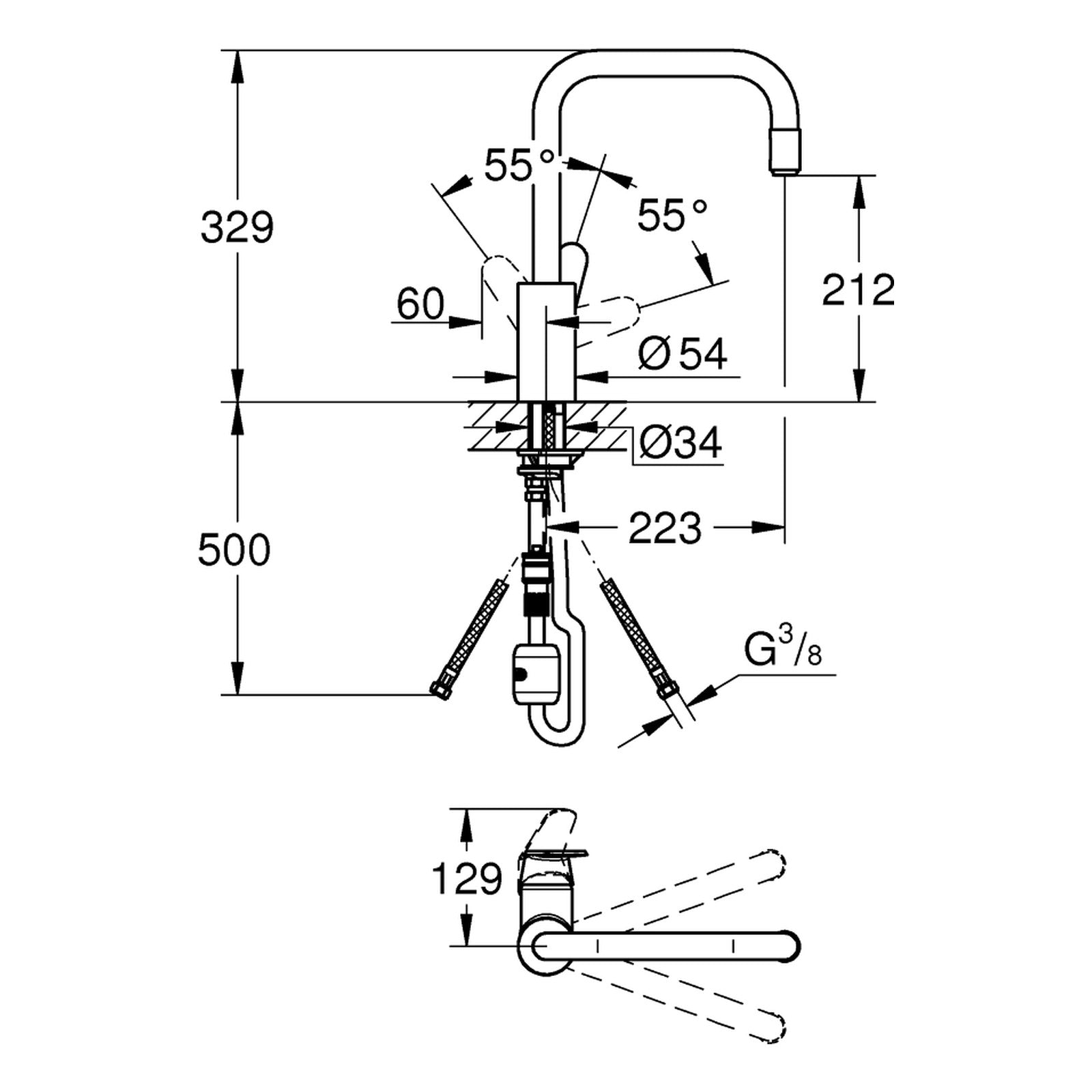 Maattekening Grohe Eurodisc Cosmopolitan keukenmengkraan