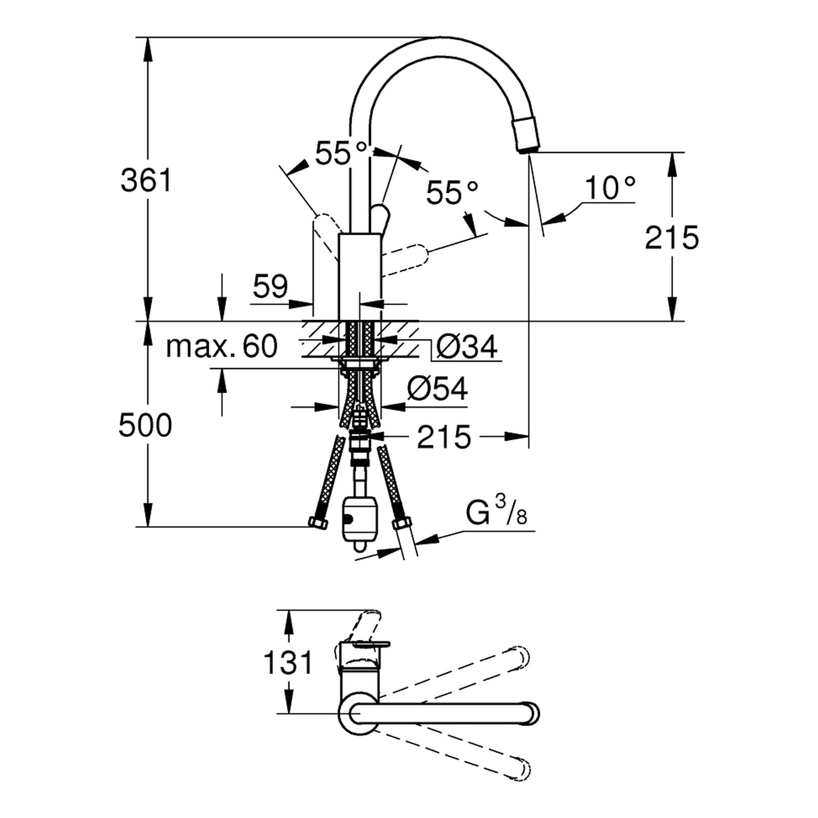 Maattekening Grohe Eurostyle Cosmopolitan keukenmengkraan