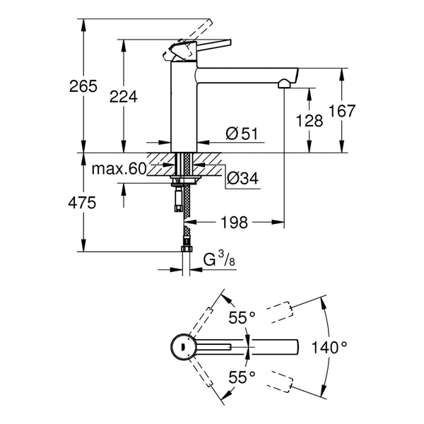 Maattekening Grohe Concetto keukenmengkraan