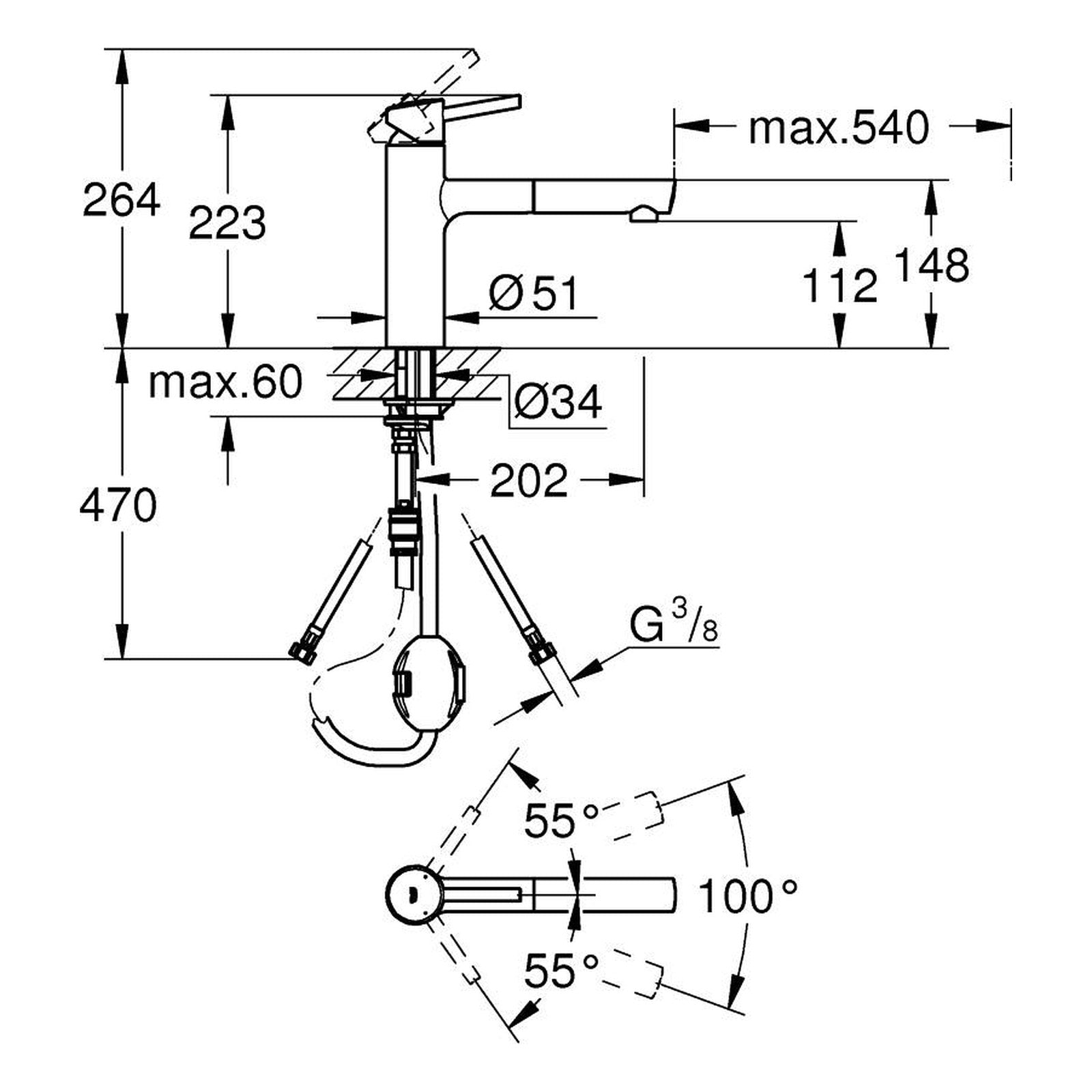 Maattekening Grohe Concetto keukenmengkraan