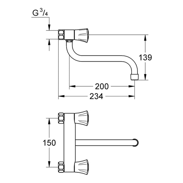 Maattekening Grohe Costa L keuken-wandmengkraan 1/2