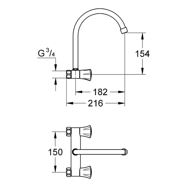 Maattekening Grohe Costa L keuken-wandmengkraan 1/2