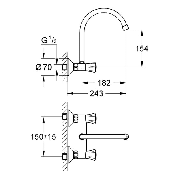 Maattekening Grohe Costa L keuken-wandmengkraan 1/2
