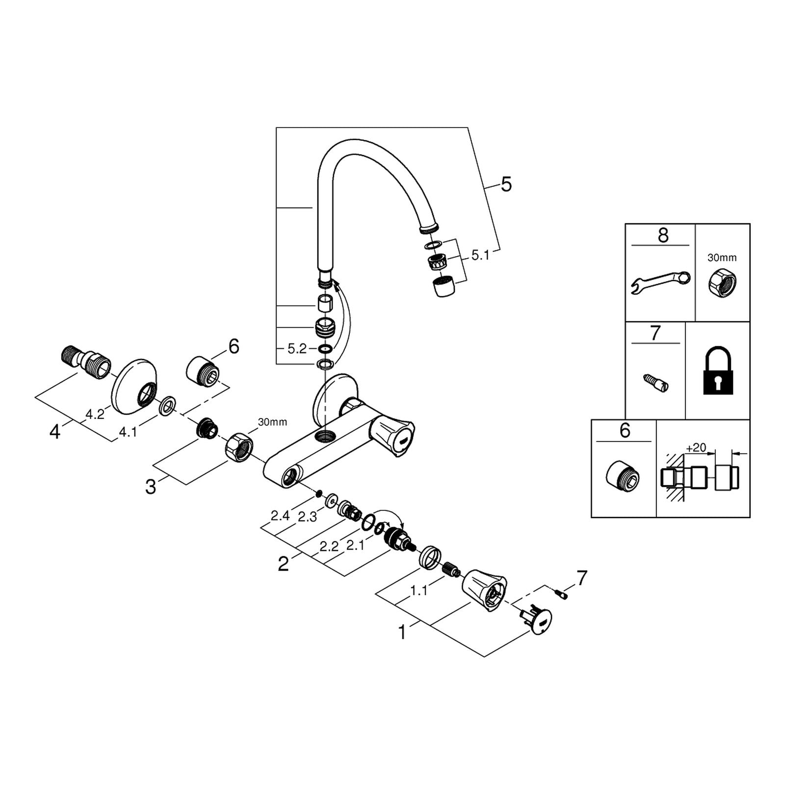 Onderdelentekening Grohe Costa L keuken-wandmengkraan 1/2