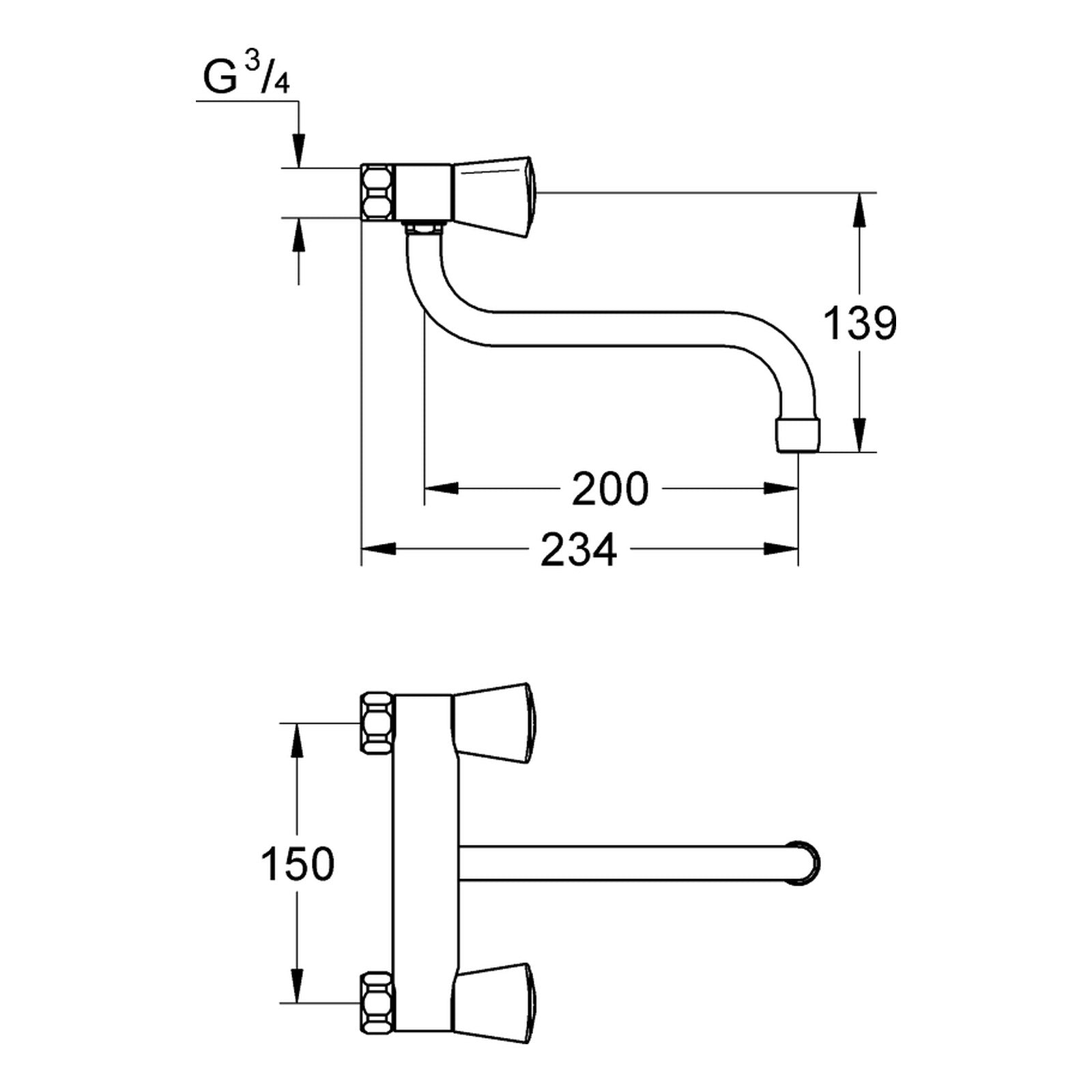 Maattekening Grohe Costa S keuken-wandmengkraan 1/2