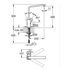 Maattekening Grohe Eurocube keukenmengkraan