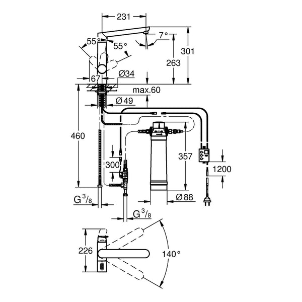 Maattekening Grohe Blue K7  Pure starterkit