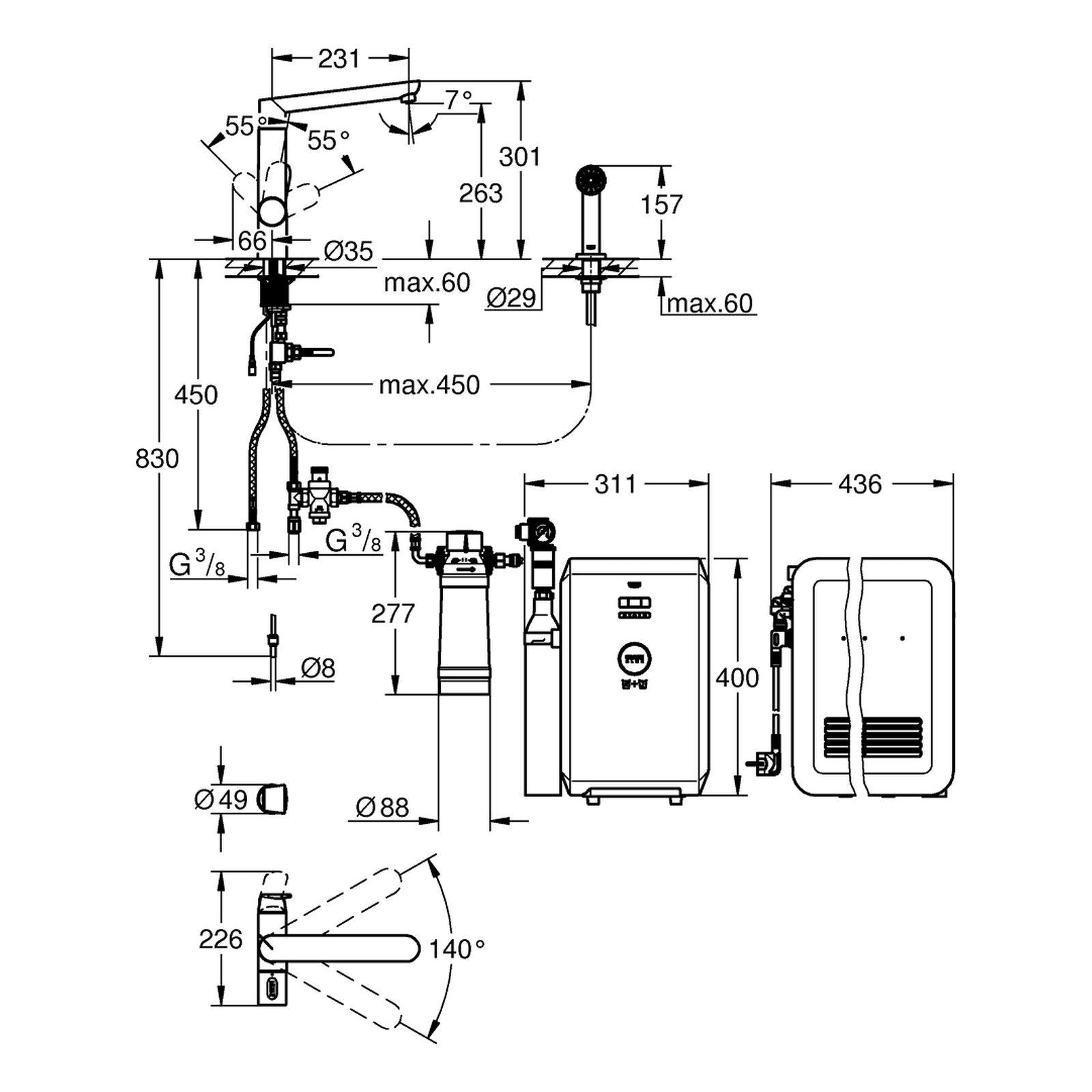 Maattekening Grohe Blue K7 Professional starterkit