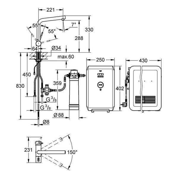 Maattekening Grohe Blue Minta Chilled starterkit