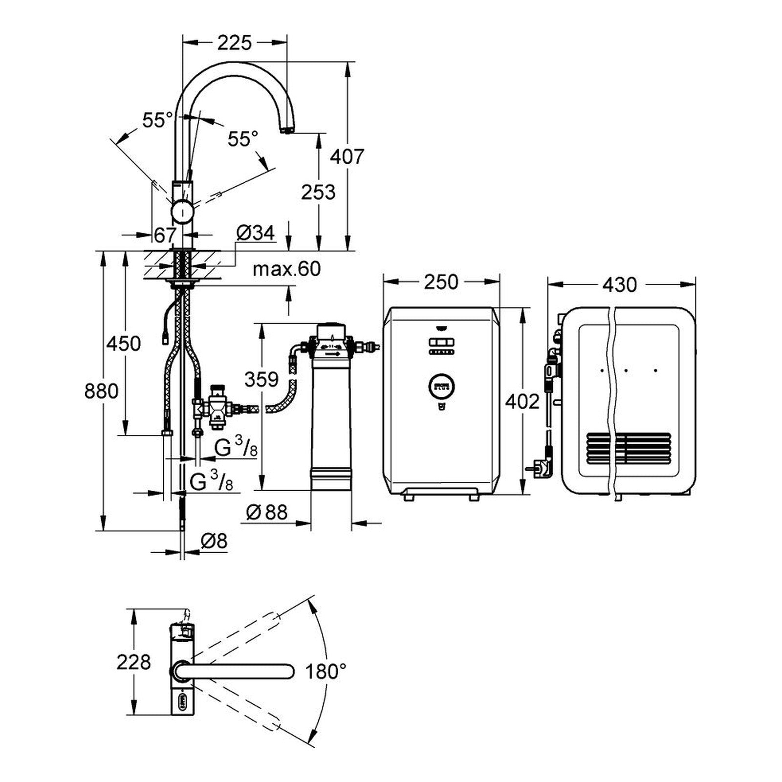 Maattekening Grohe Blue Chilled starterkit