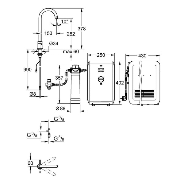 Maattekening Grohe Blue Chilled starterkit