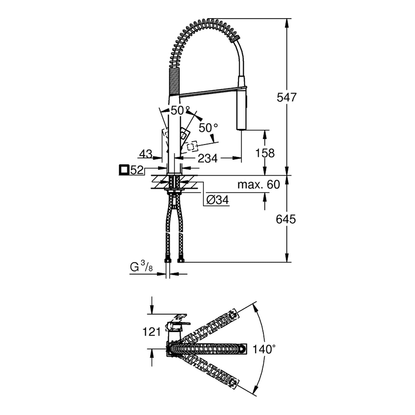 Maattekening Grohe Eurocube keukenmengkraan