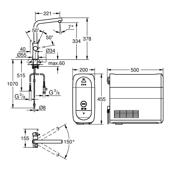 Maattekening Grohe Blue Home l-uitloop Starterkit