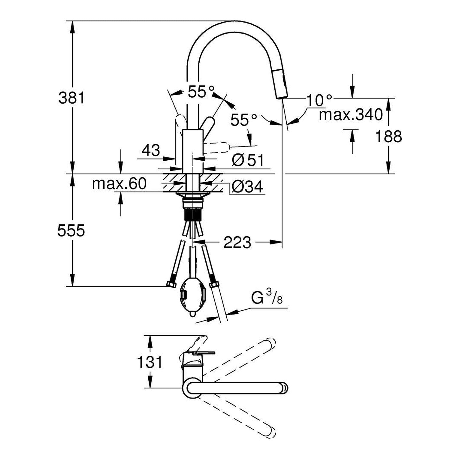 Maattekening Grohe Get keukenmengkraan