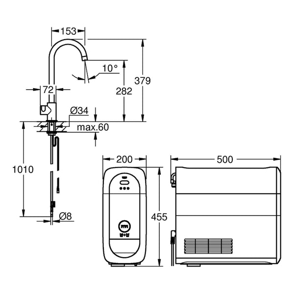 Maattekening Grohe Blue Home mono Starterkit