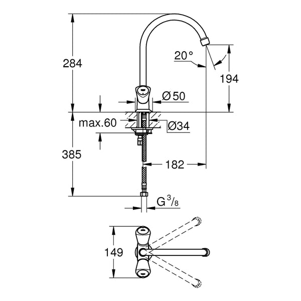 Maattekening Grohe Costa S keukenmengkraan