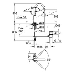 Maattekening Grohe Atrio wastafelmengkraan L-Size