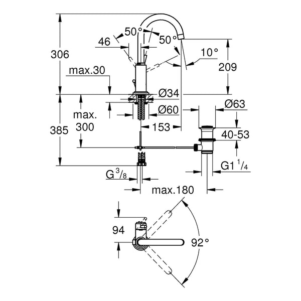 Maattekening Grohe Atrio wastafelmengkraan L-Size