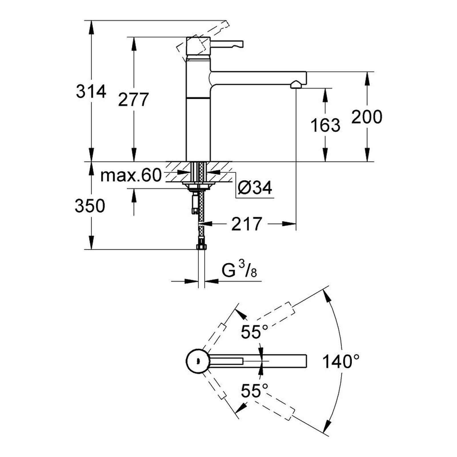 Maattekening Grohe Essence keukenmengkraan