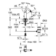 Maattekening Grohe Atrio bidetmengkraan M-Size