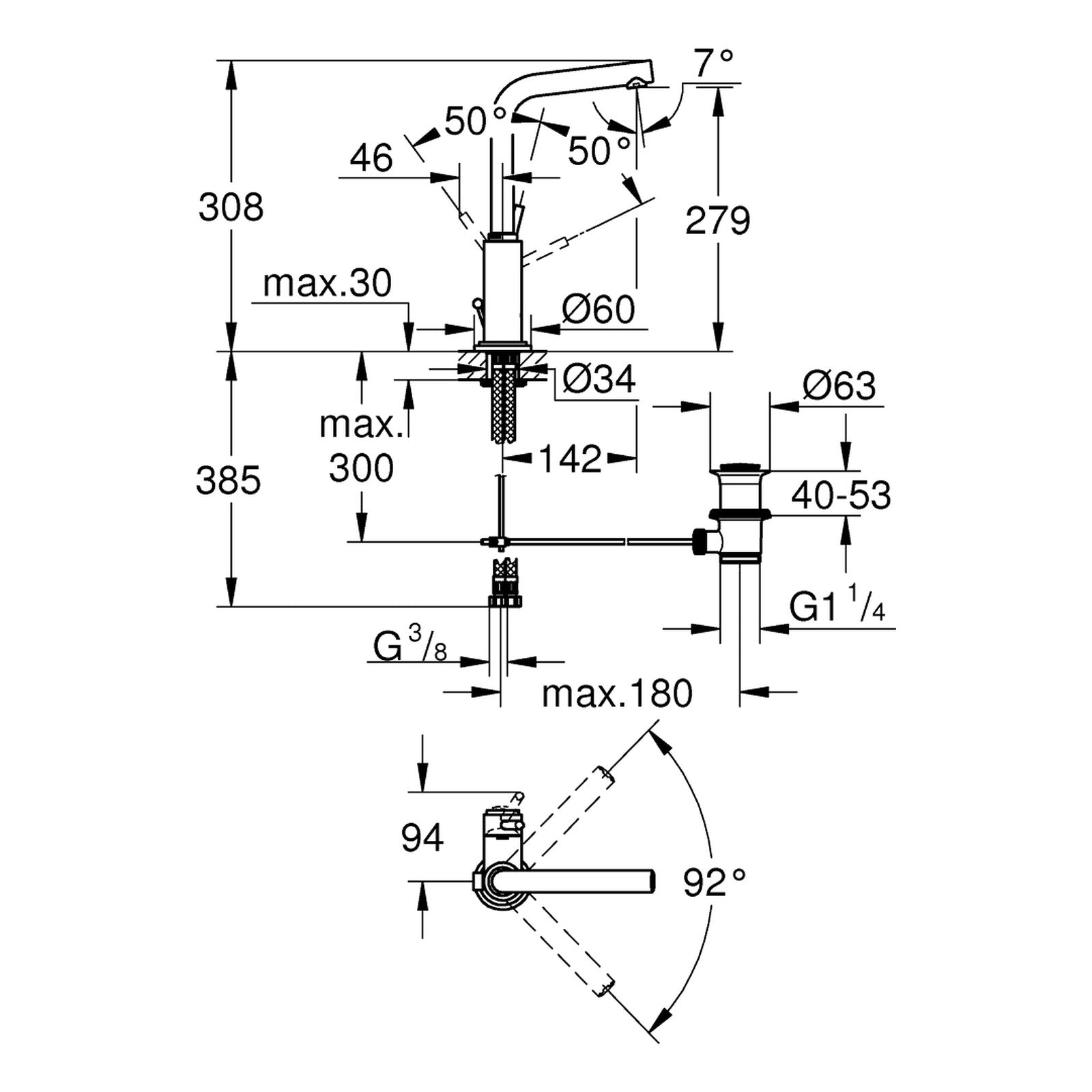 Maattekening Grohe Atrio wastafelmengkraan L-Size