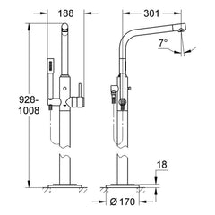 Maattekening Grohe Atrio badmengkraan, vloermontage