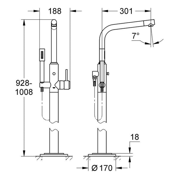 Maattekening Grohe Atrio badmengkraan, vloermontage