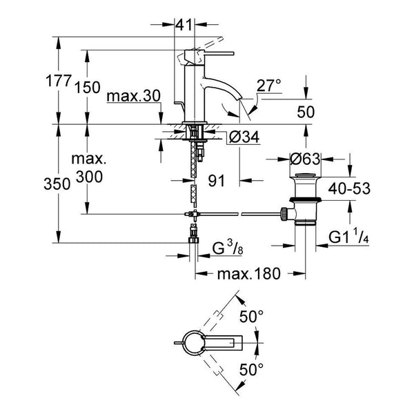 Maattekening Grohe Allure wastafelmengkraan
