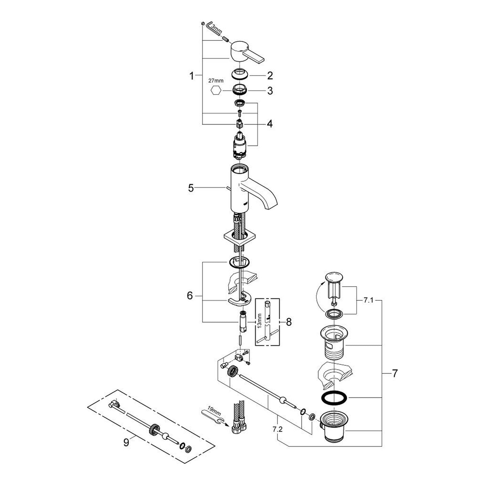 Onderdelentekening Grohe Allure wastafelmengkraan