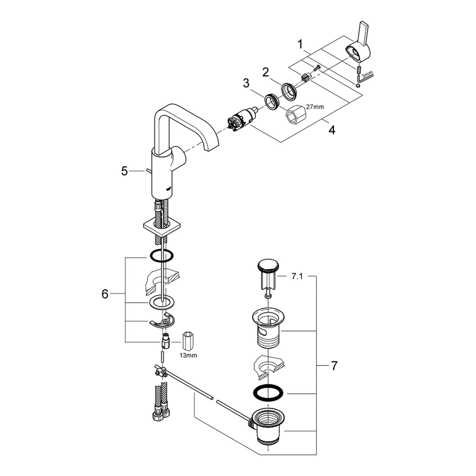 Onderdelentekening Grohe Allure wastafelmengkraan L-Size 2005–2008